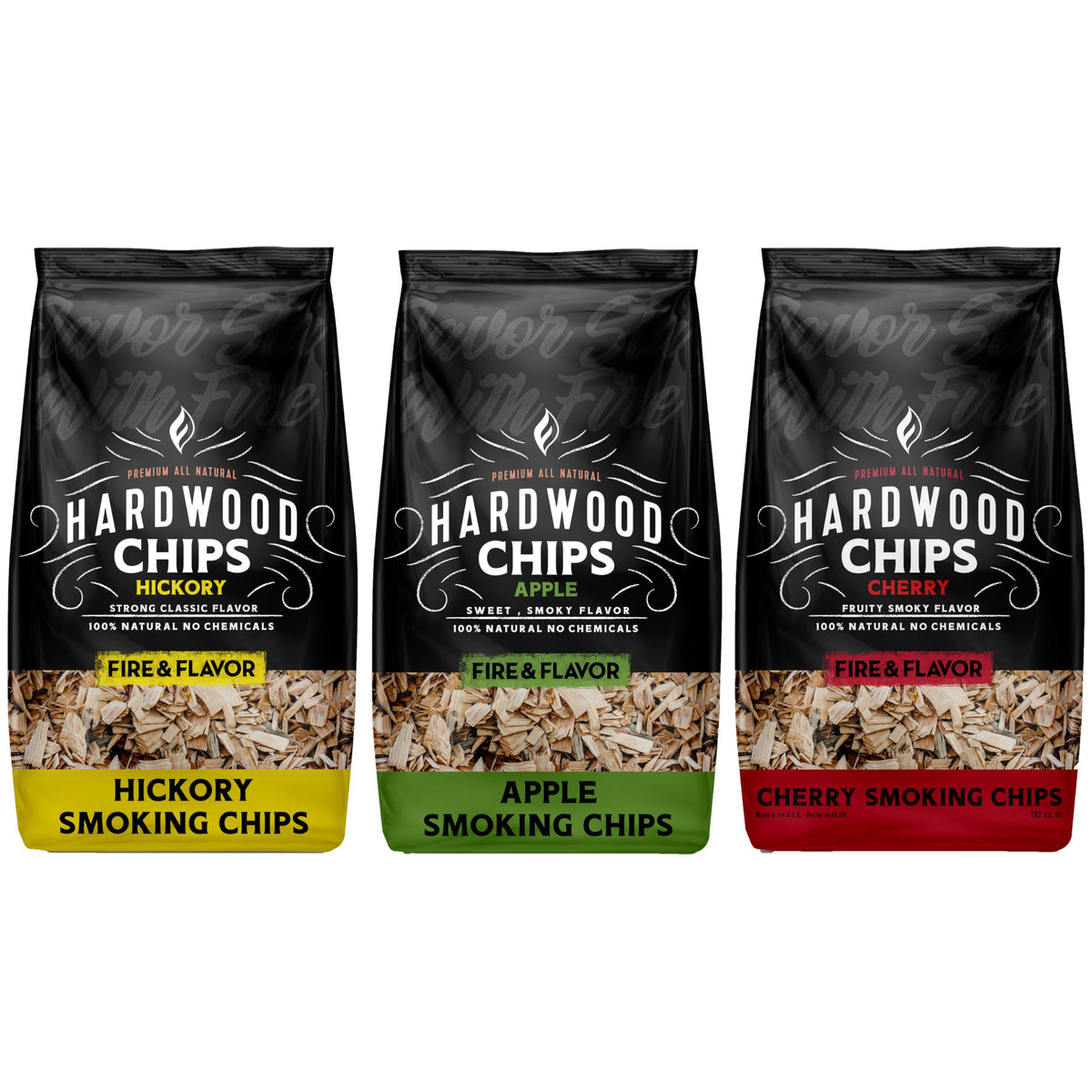 Fire & Flavor front packaging showing apple hickory cherry variety and benefits