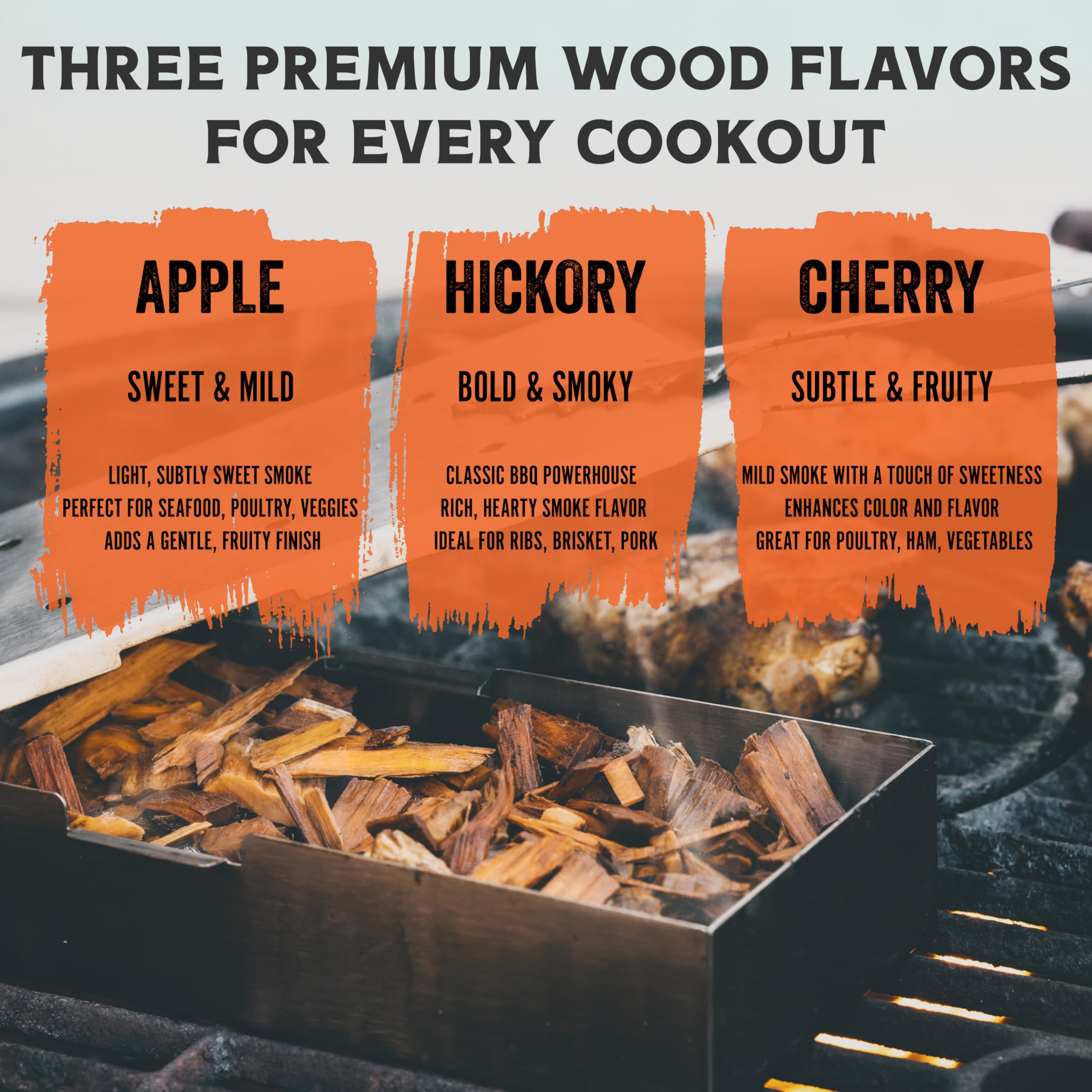 Fire & Flavor hickory chips close-up emphasizing bold smoke for hearty meats