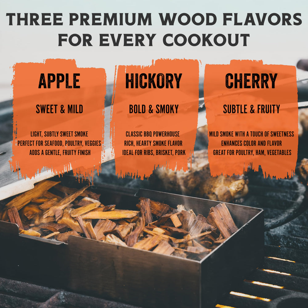 Fire & Flavor hickory chips close-up emphasizing bold smoke for hearty meats