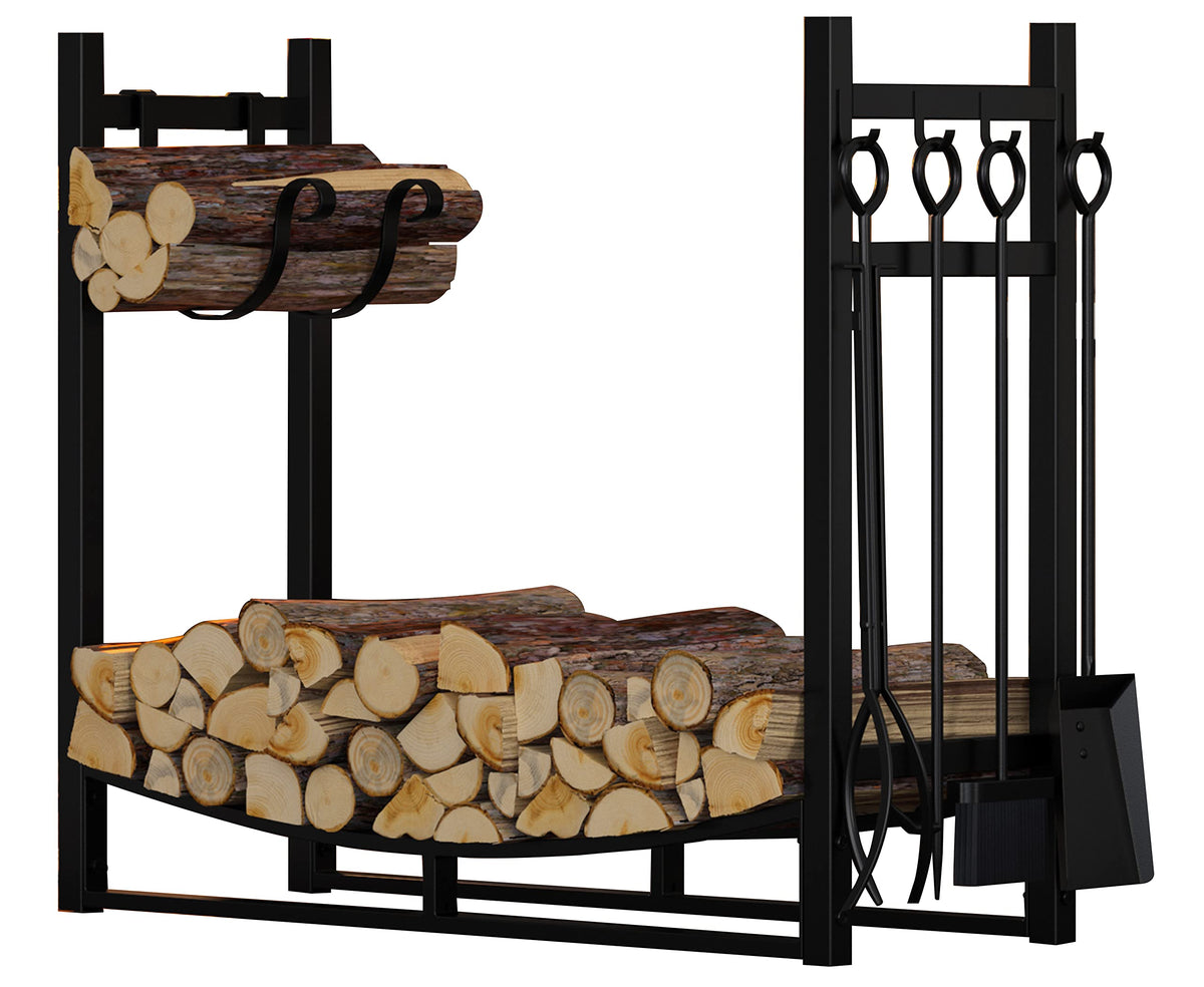 Fire Beauty front view of 34-inch log rack showing organized wood and tools for tidy storage