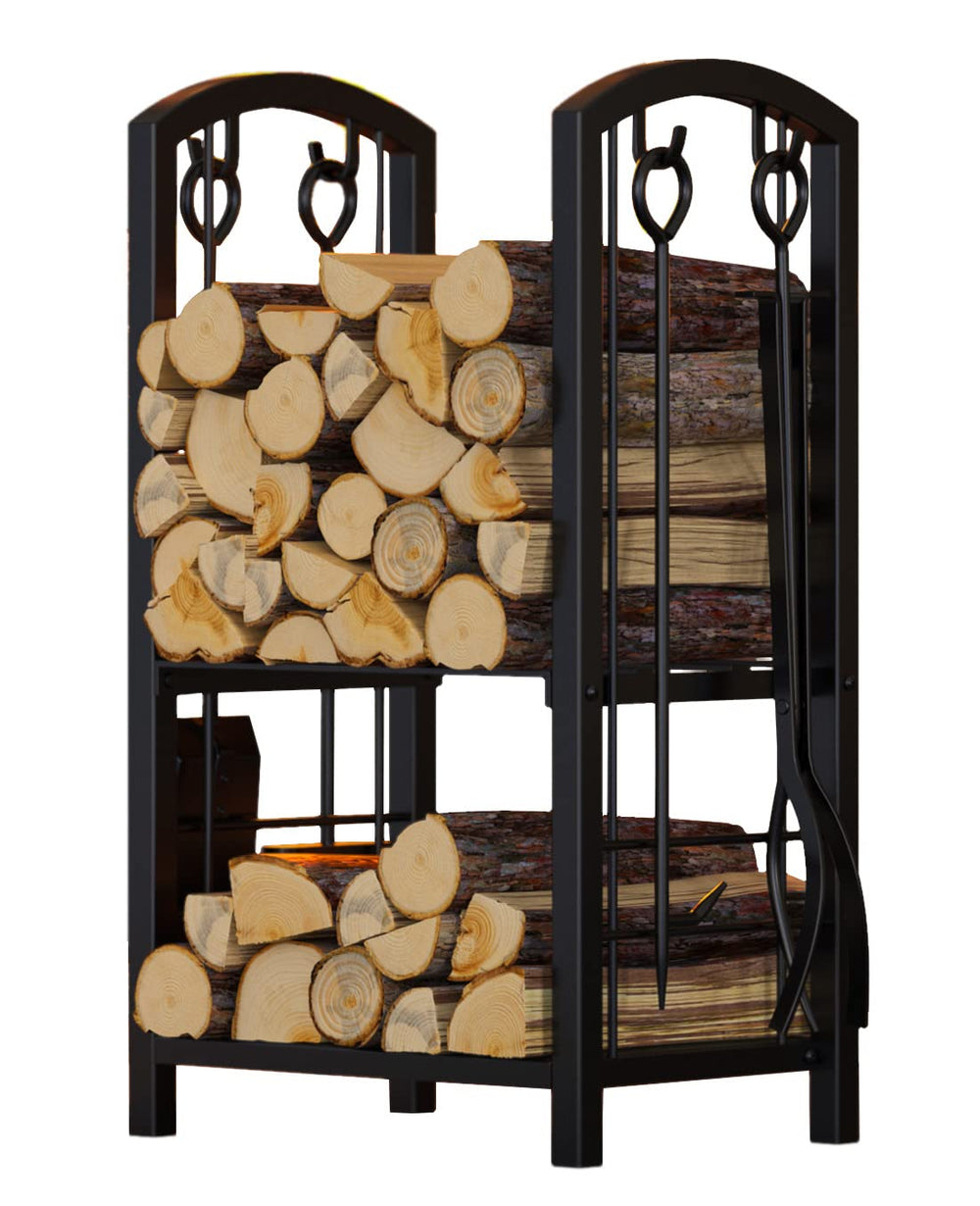 Fire Beauty front view log rack showing compact organized wood storage and easy access