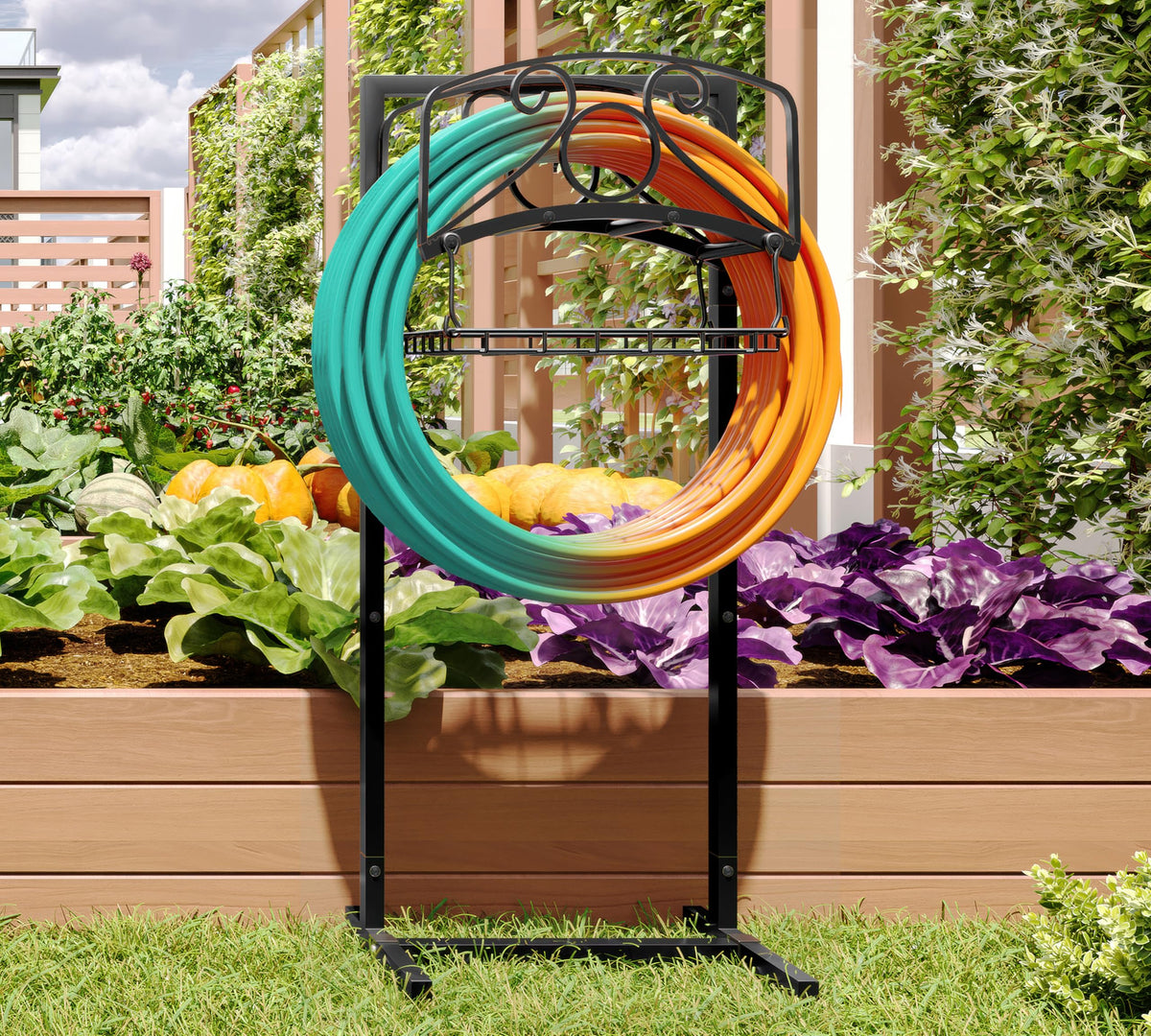 Fire Beauty front view holding coiled hose and organized accessories
