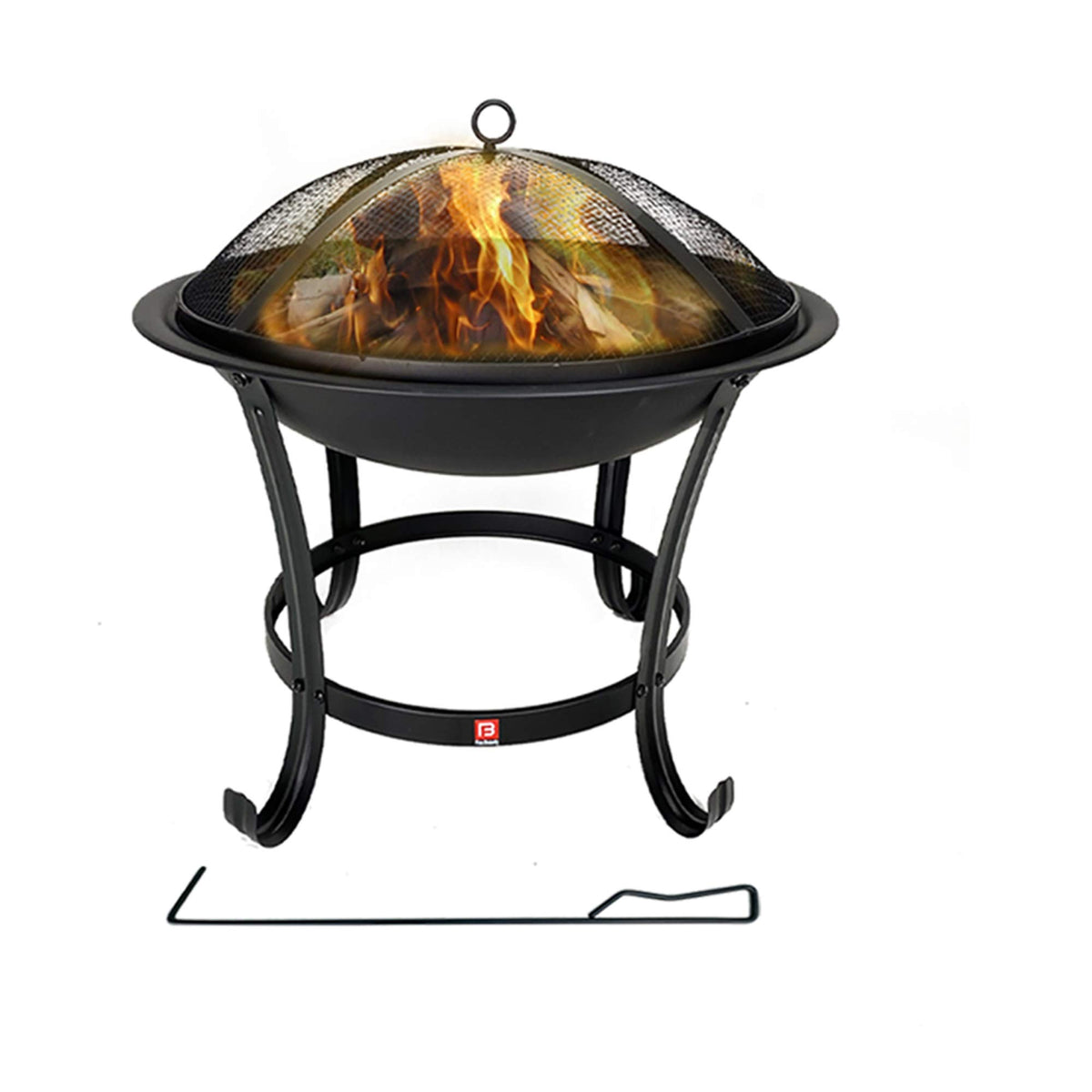 Fire Beauty front view of full 22-inch fire pit showing accessories and benefits