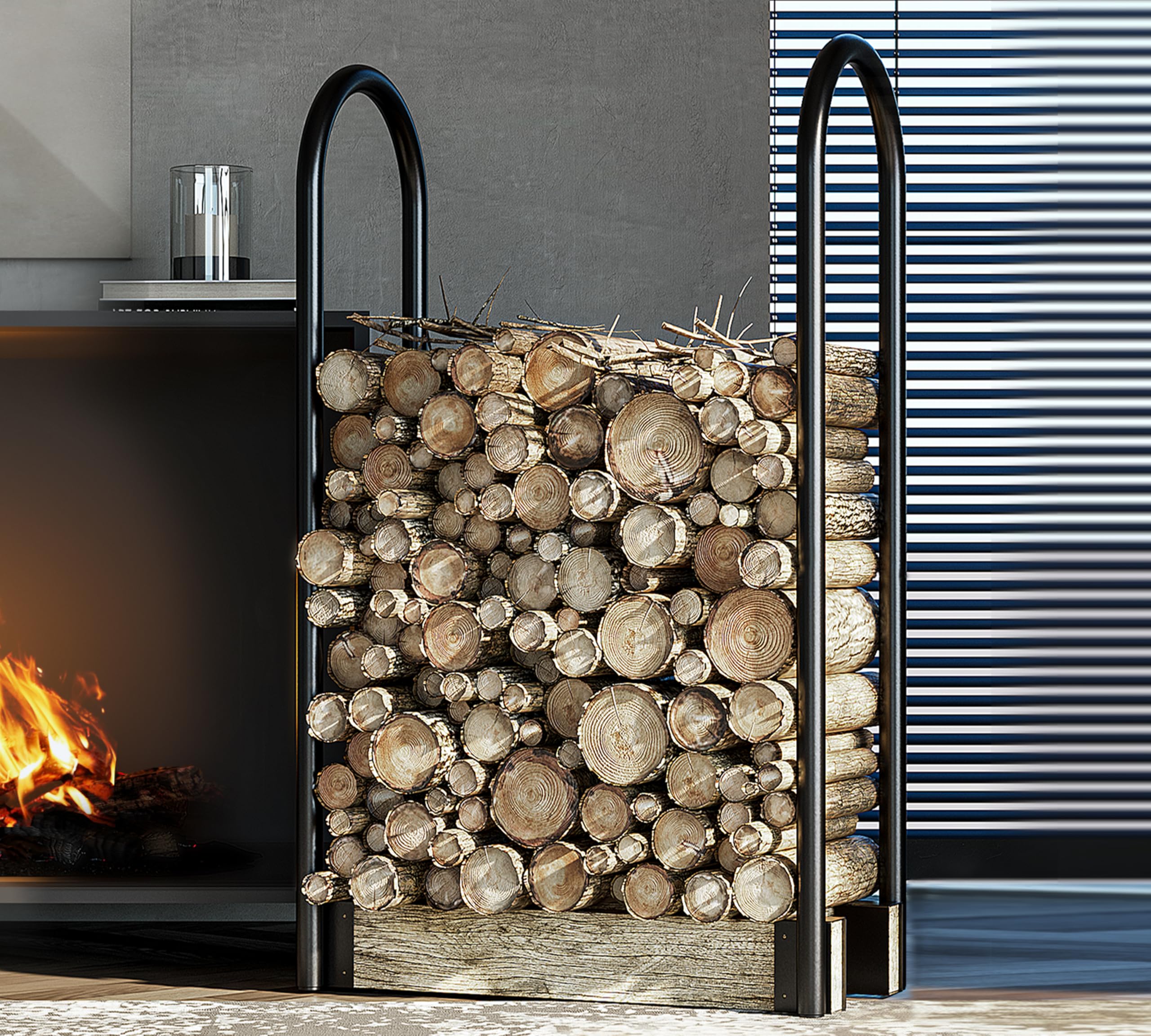 Fire Beauty in-fireplace area showing safe, organized wood storage nearby