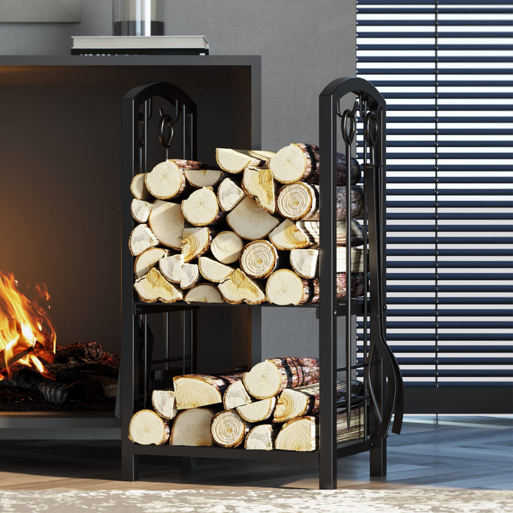 Fire Beauty lower shelf with kindling and newspaper showing added organized storage