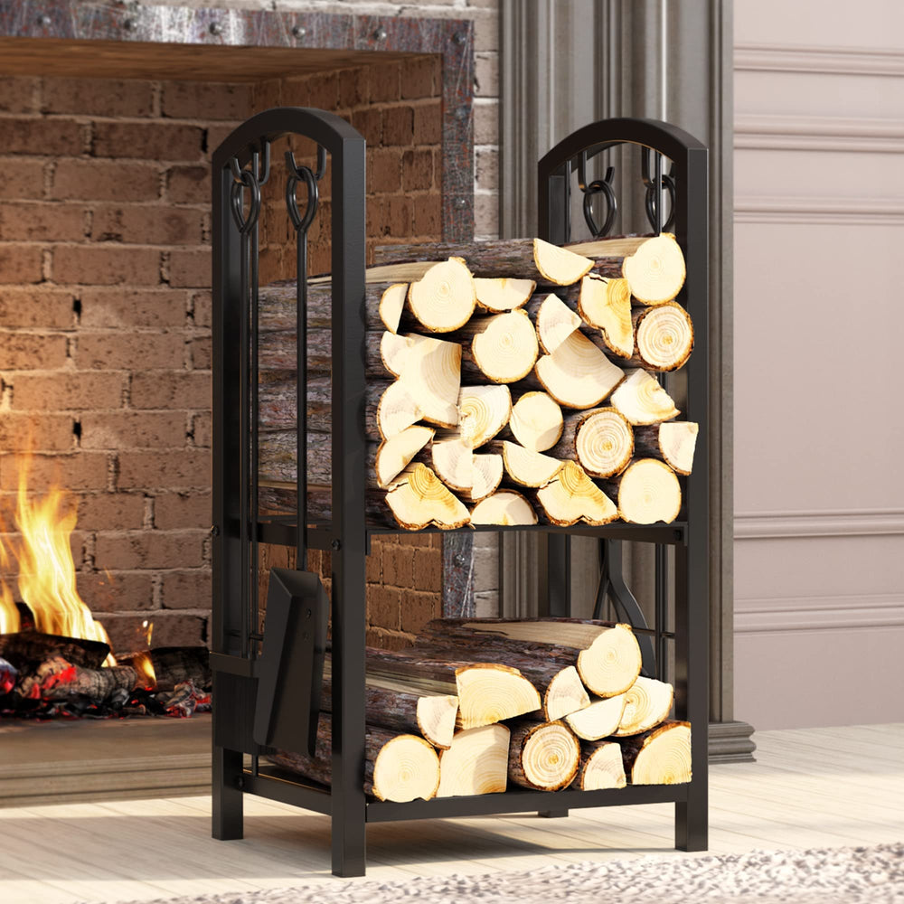 Fire Beauty side profile next to chair for scale showing compact fireplace fit