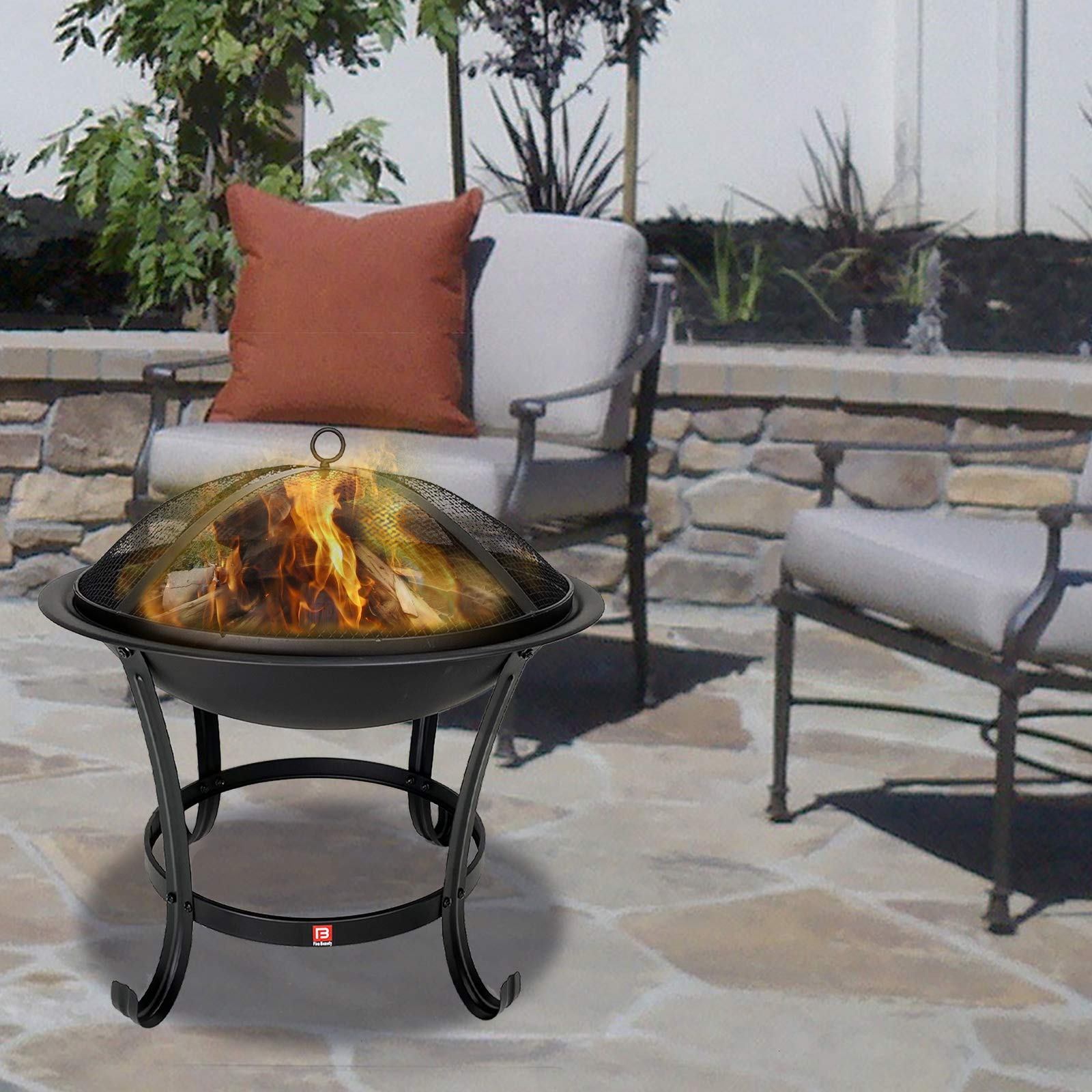 Fire Beauty next to patio chairs illustrating 22-inch scale and seating capacity