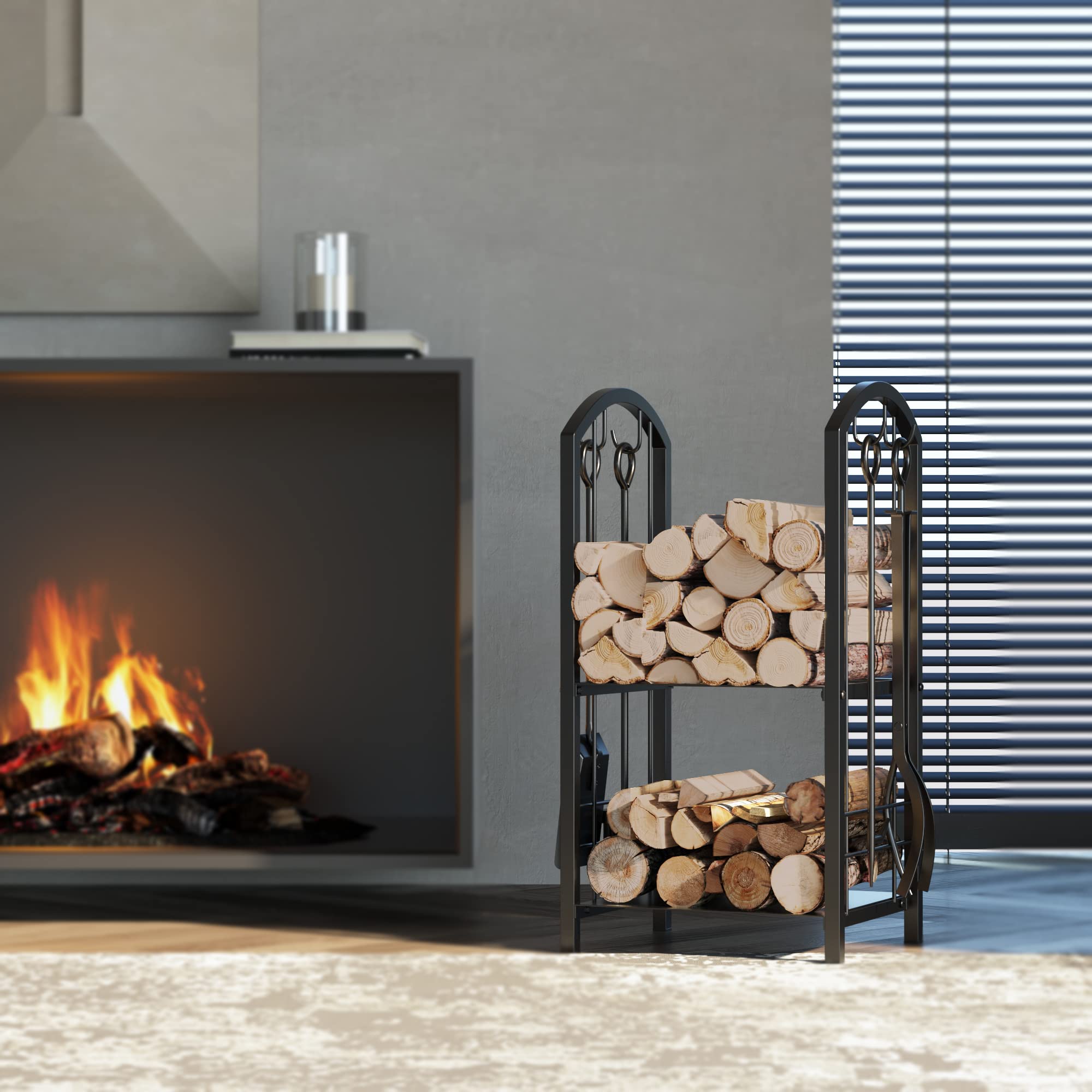 Fire Beauty side angle showing two-tier storage holding stacked logs and kindling