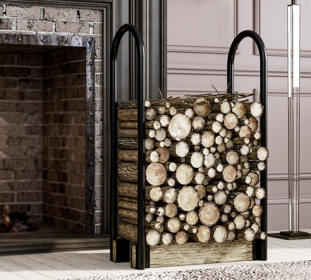 Fire Beauty outdoor rack on patio resisting weather while protecting logs