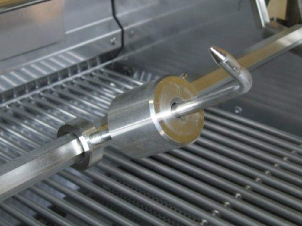 Fire Magic 3620E mounted on spit rod illustrating balanced rotation and reduced motor strain