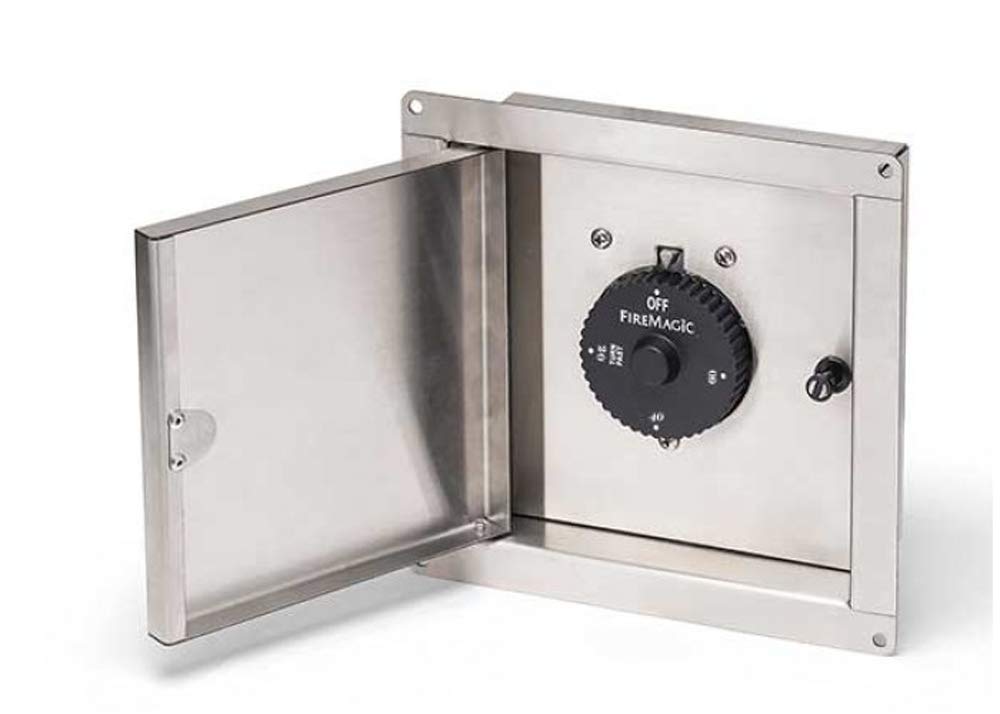 Fire Magic front panel of timer box showing stainless finish and flush fit for aesthetics