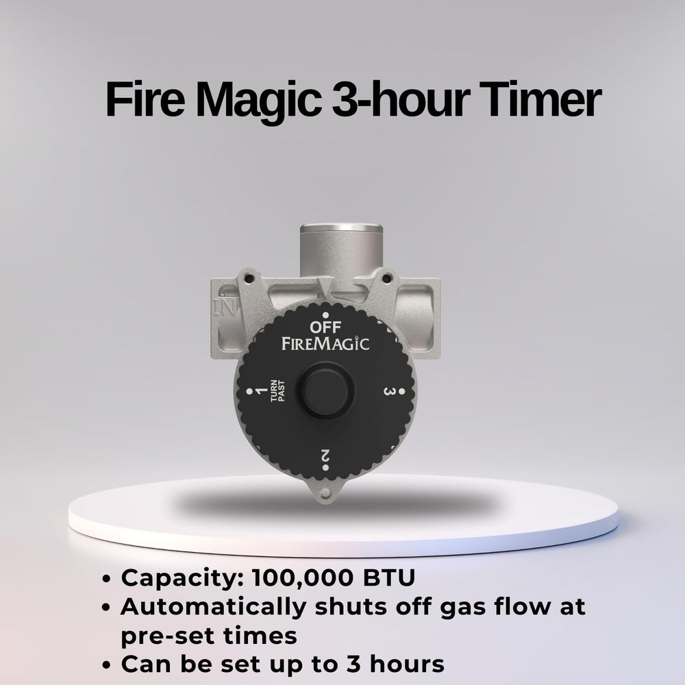 Fire Magic timer installed on grill gas line demonstrating automatic shut-off protection