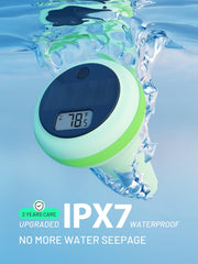 Firelex floater on pool surface transmitting temperature for accurate swim planning
