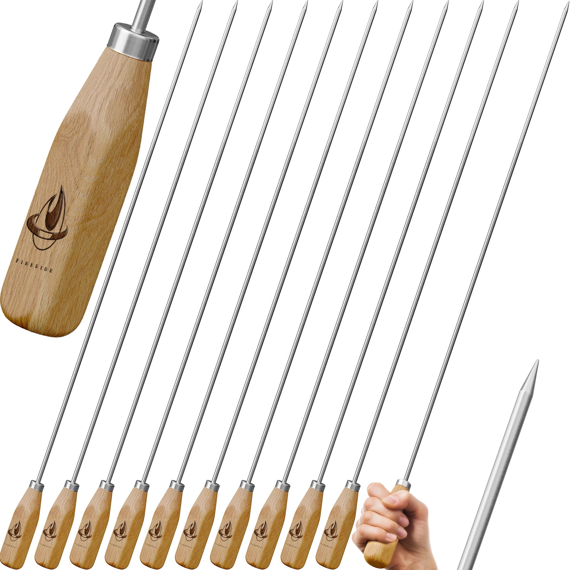 Fireside front view of ten 34-inch skewers showing full length and set benefit