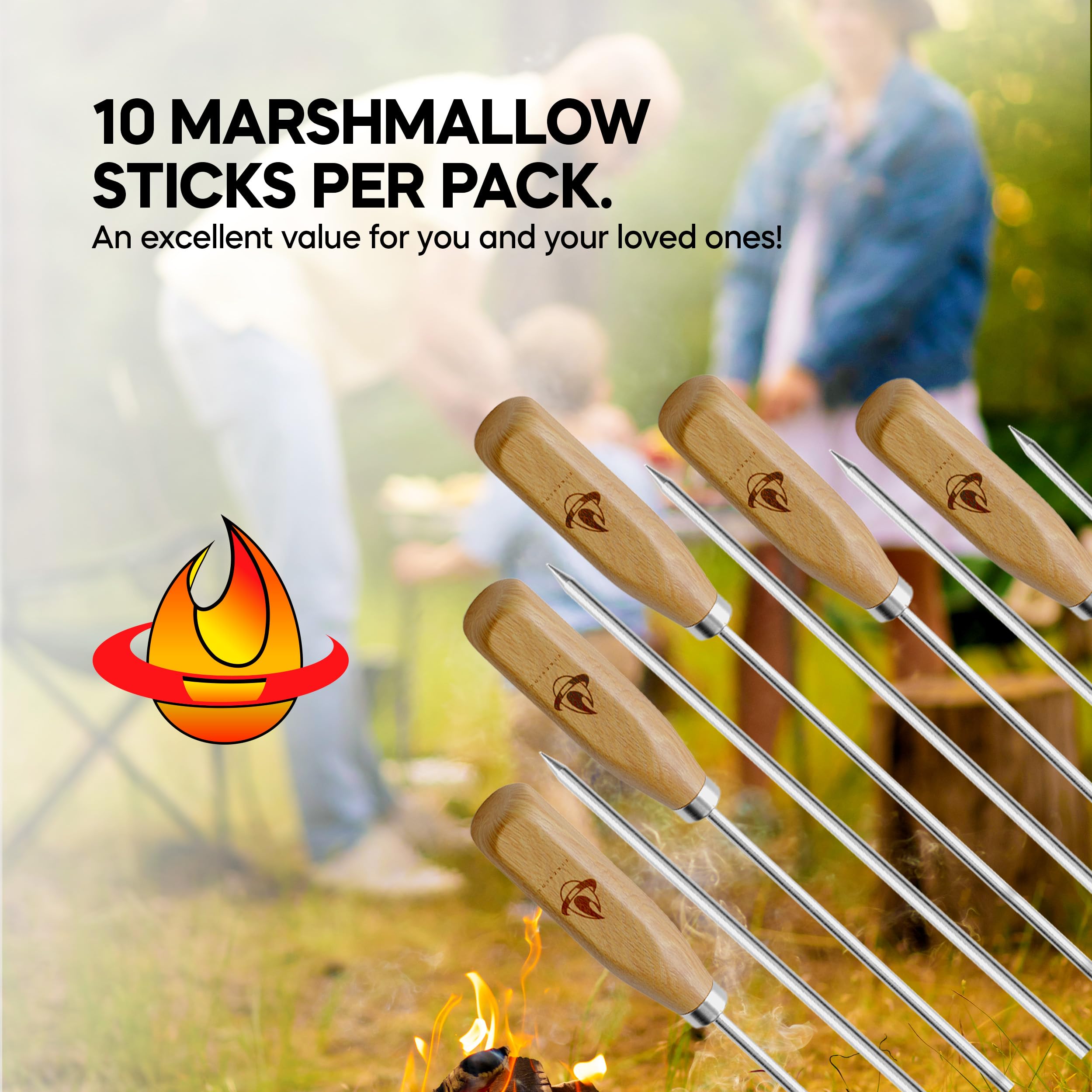 Fireside skewers in use over campfire showing safe distance and even roasting benefit