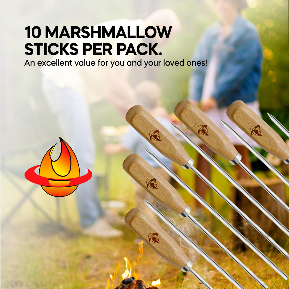 Fireside skewers in use over campfire showing safe distance and even roasting benefit