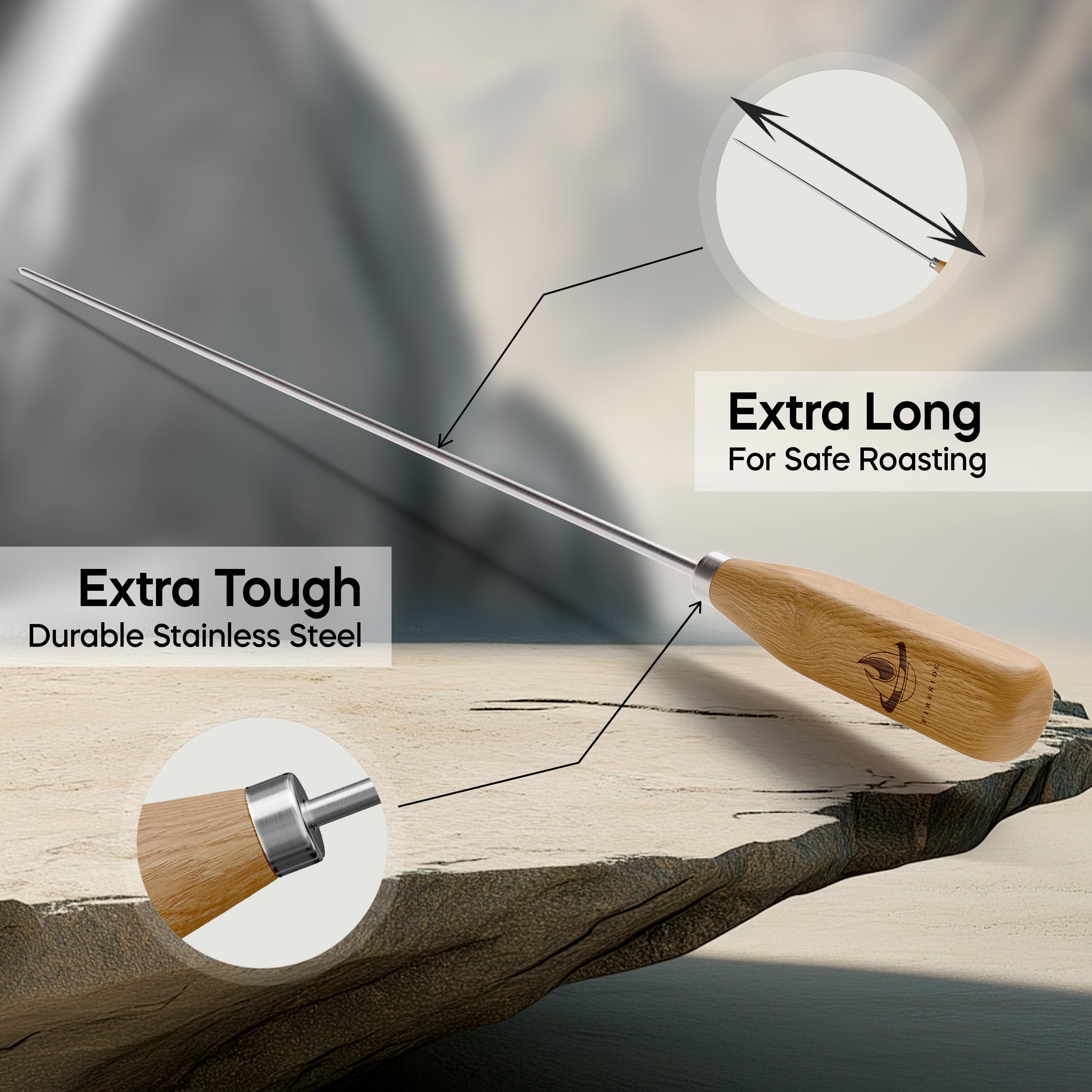 Fireside size comparison with hand showing 34-inch reach and safety benefit