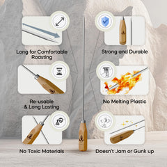 Fireside detailed skewer tip and stainless shaft showing durable rust-proof benefit