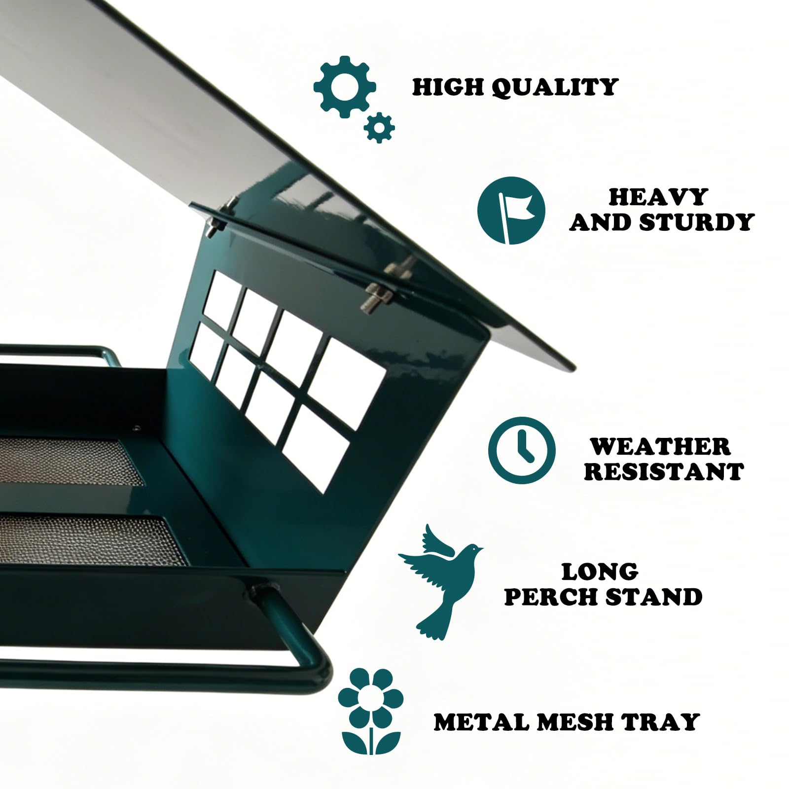 Firmlly long perches and extended roof eaves protect birds and seed