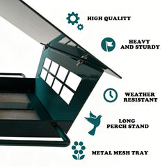 Firmlly long perches and extended roof eaves protect birds and seed
