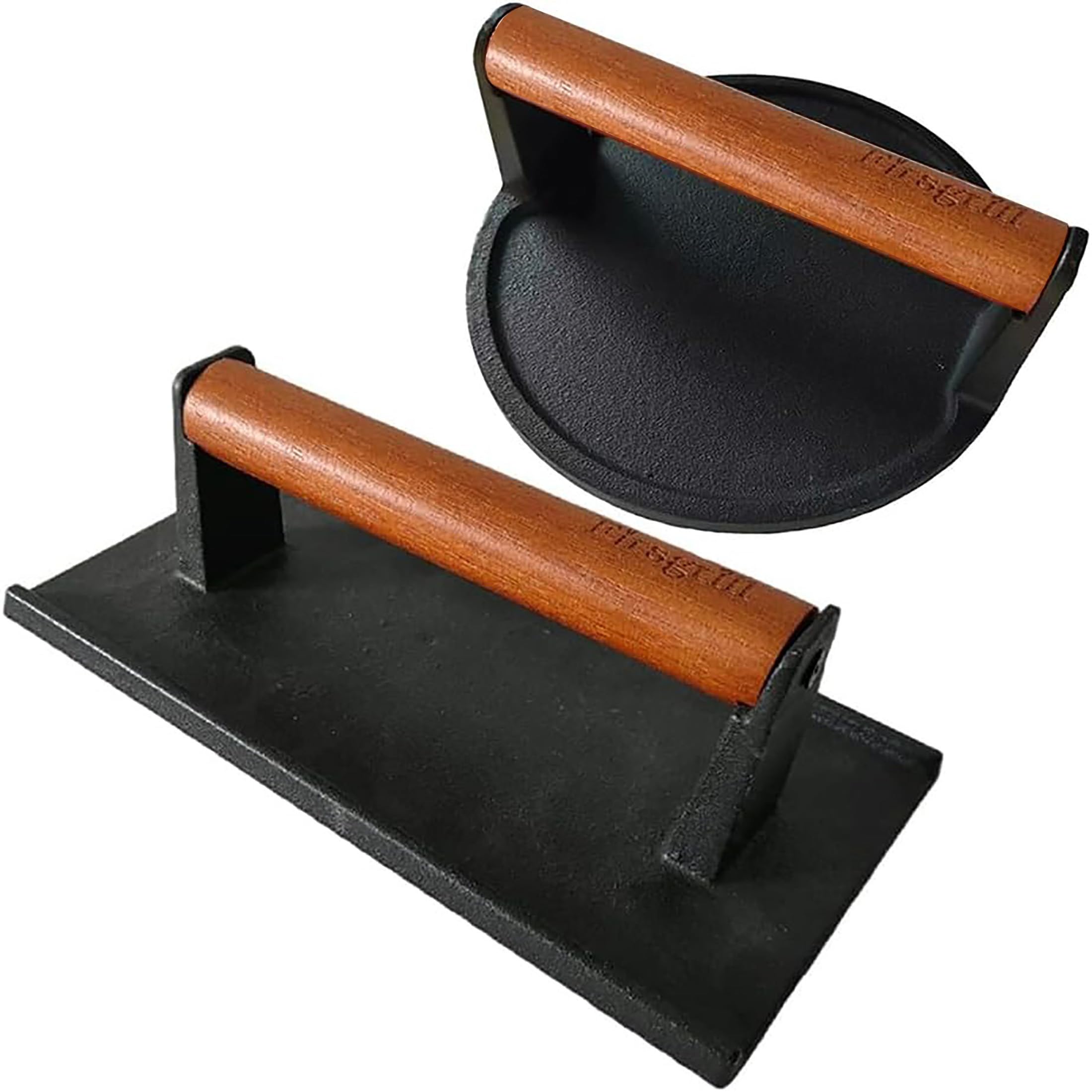 Firsgrill front view showing both round and rectangular cast iron plates for versatile pressing