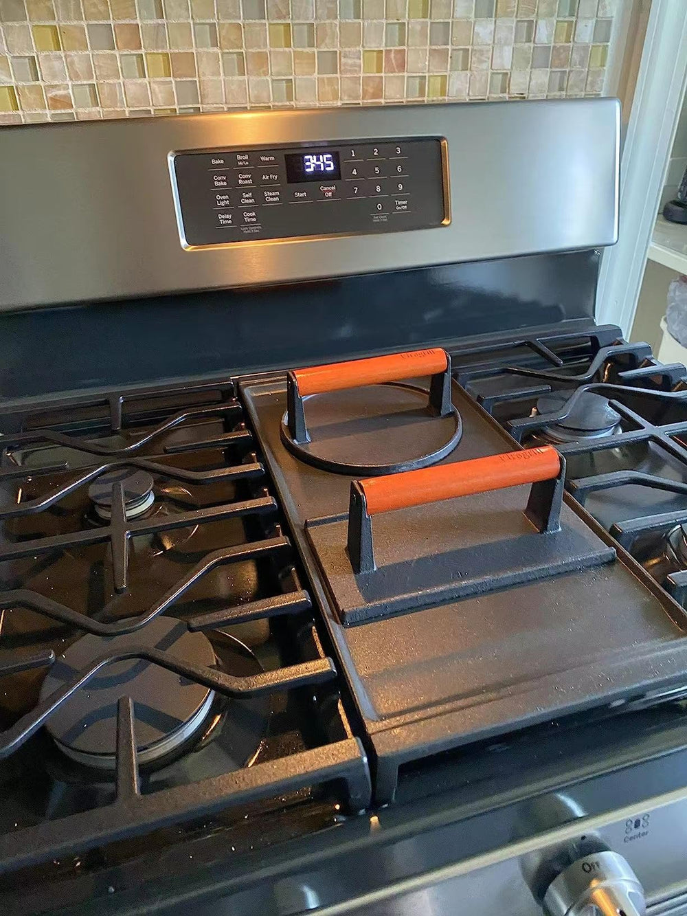 Firsgrill press next to ruler showing dimensions for accurate size selection