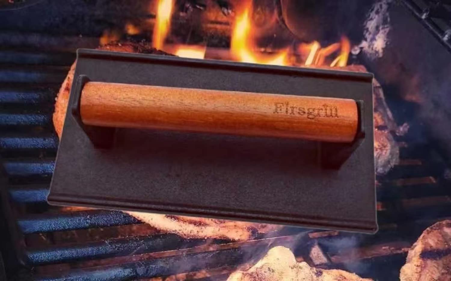 Firsgrill wood handle detail showing cool-touch grip for safer lifting and control