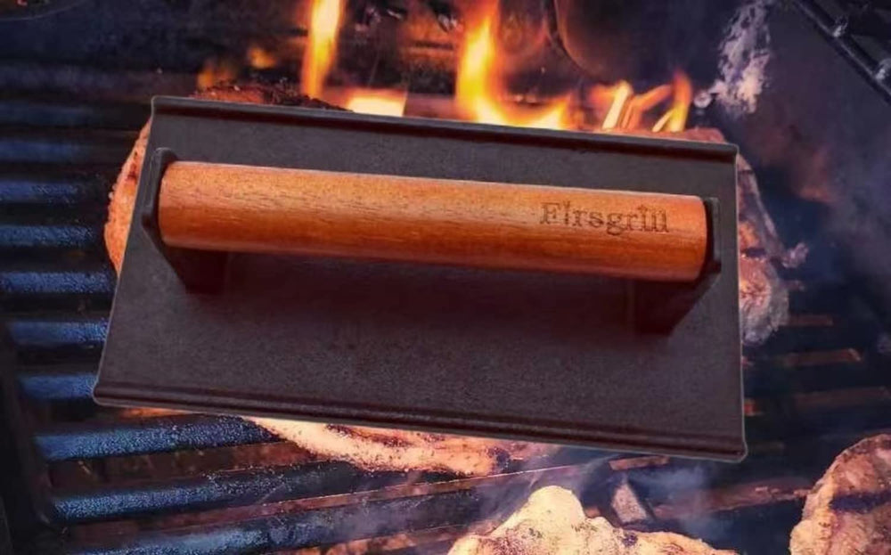 Firsgrill wood handle detail showing cool-touch grip for safer lifting and control
