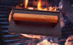 Firsgrill wood handle detail showing cool-touch grip for safer lifting and control