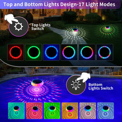 FirstE floating in pool at night for party ambiance and easy cord-free installation benefit