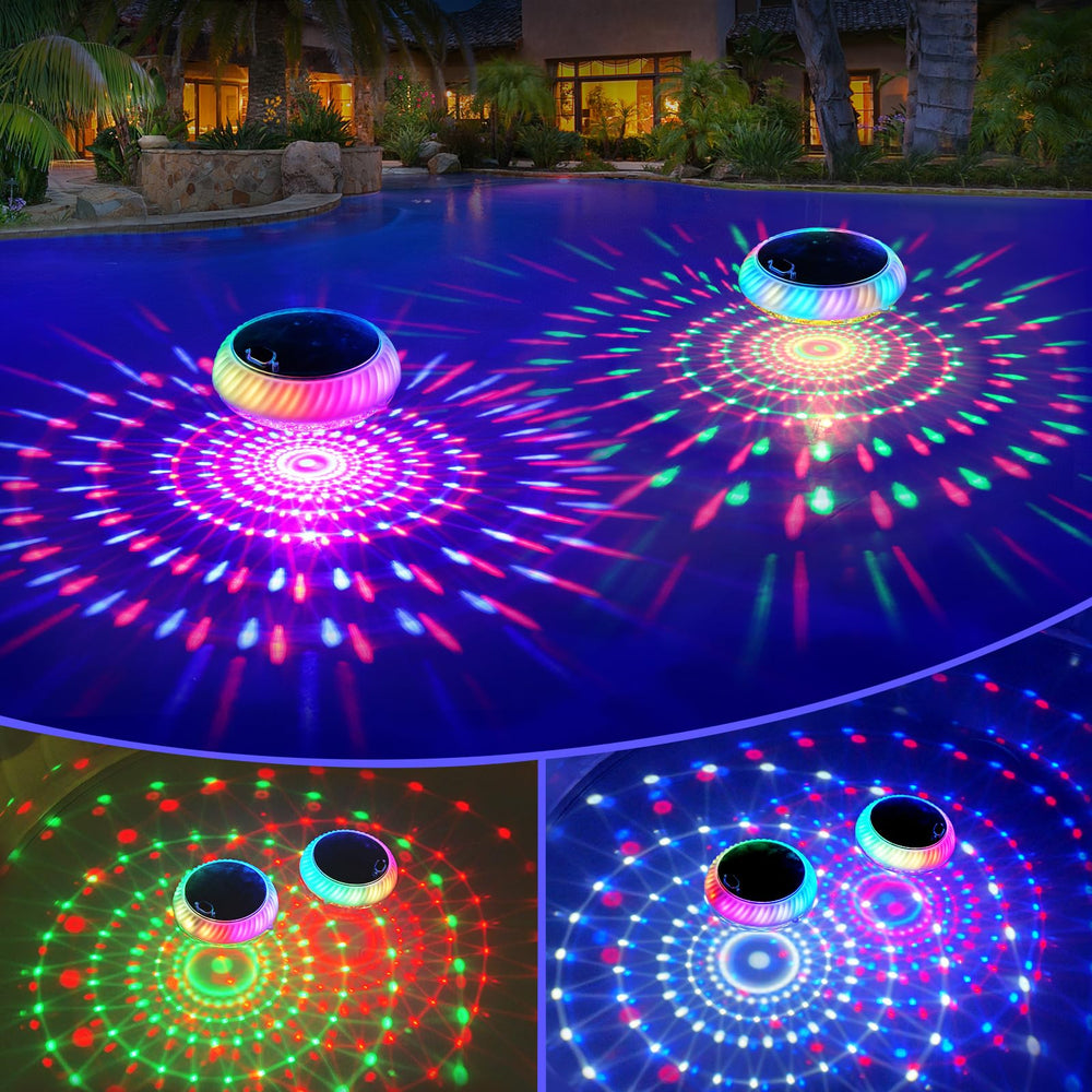 FirstE floating pool light front view showing bright colors and design benefit mood lighting