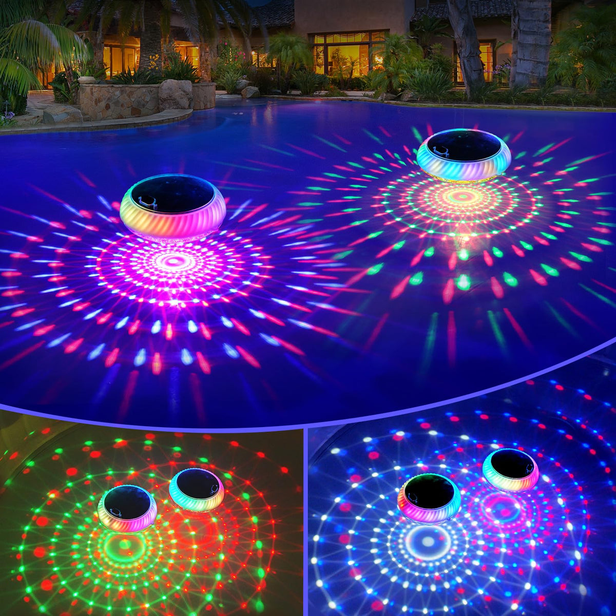 FirstE floating pool light front view showing bright colors and design benefit mood lighting