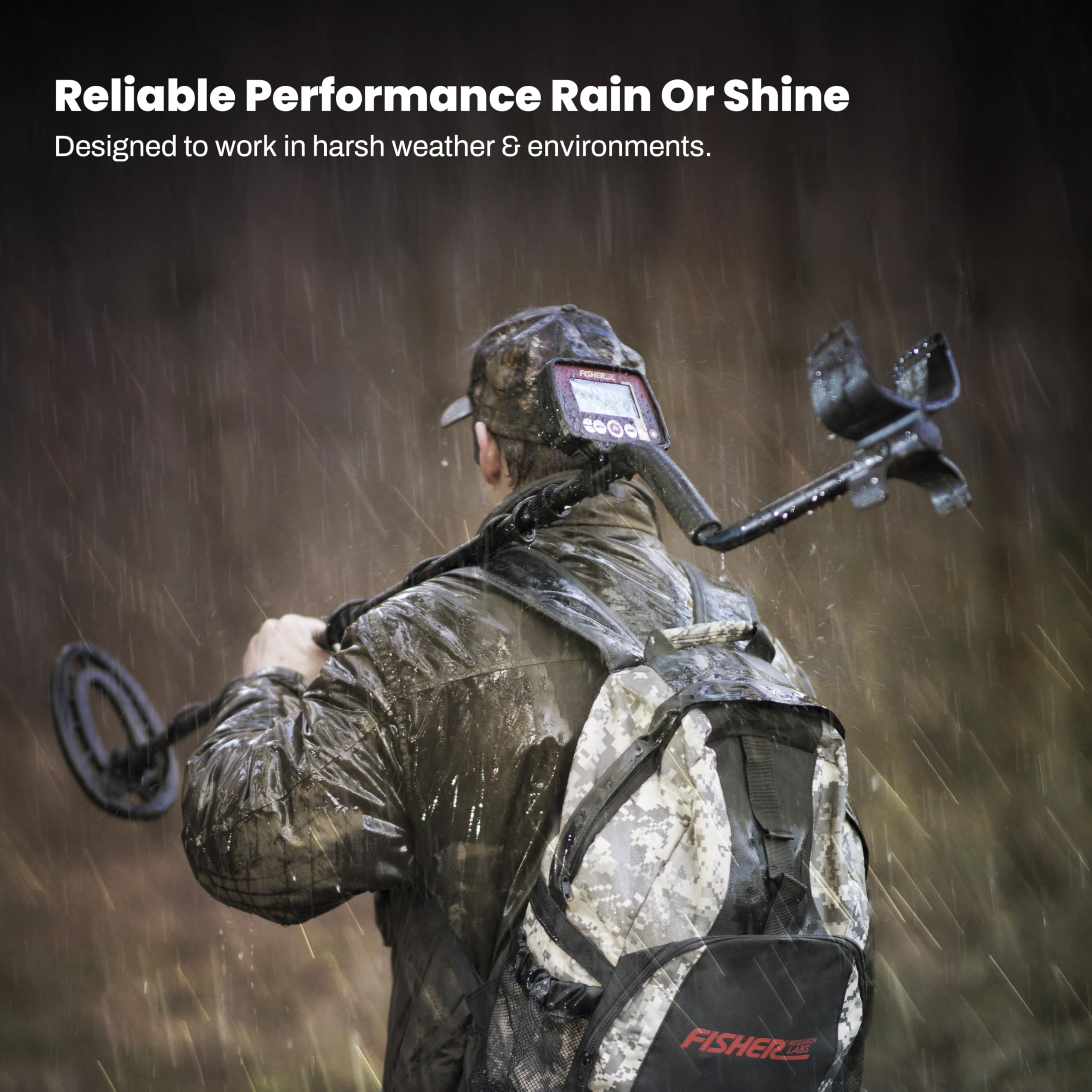 Fisher F44 coil detail highlighting weatherproof design, reliable search in damp conditions