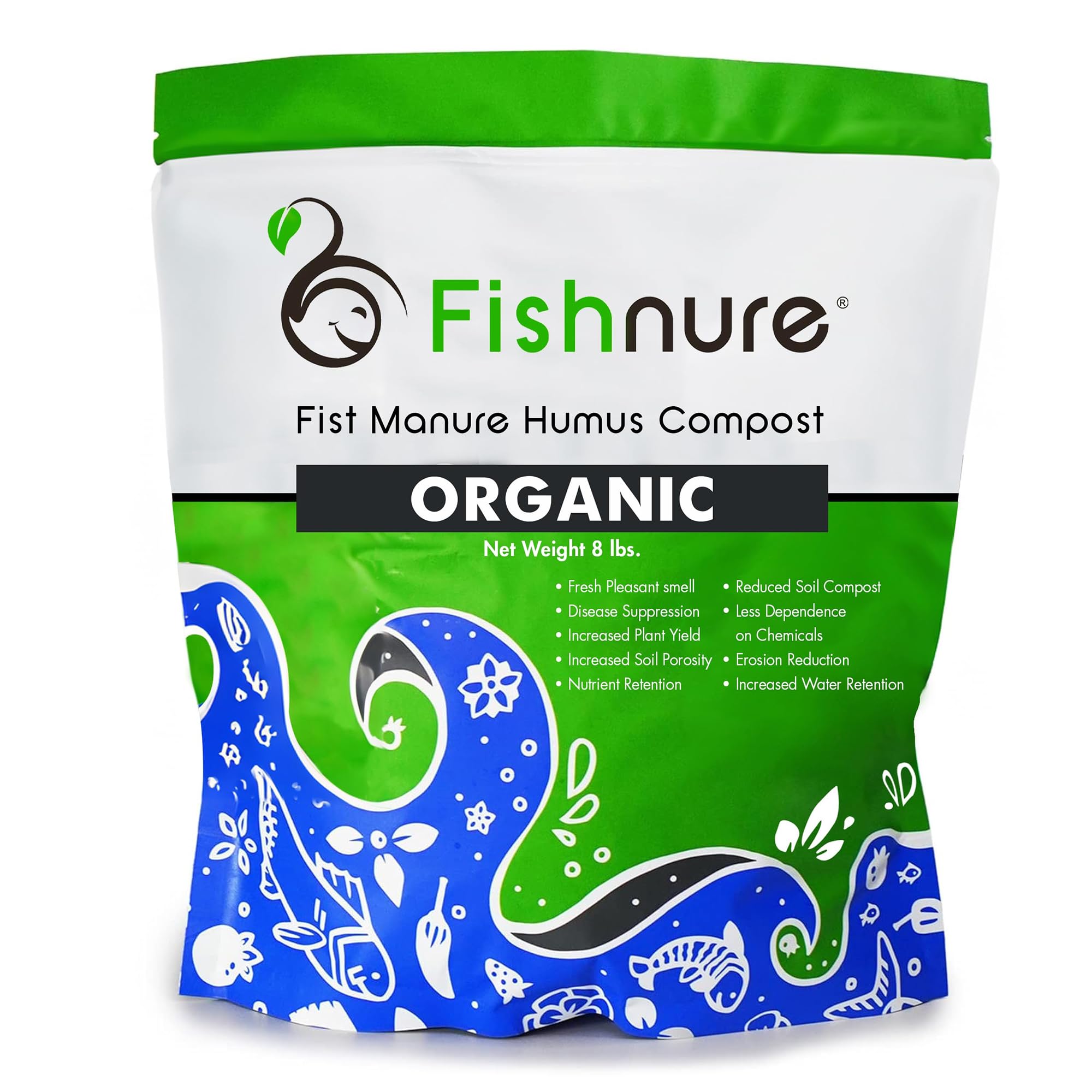 Fishnure front packaging 8 lb bag showing product benefits and clean design