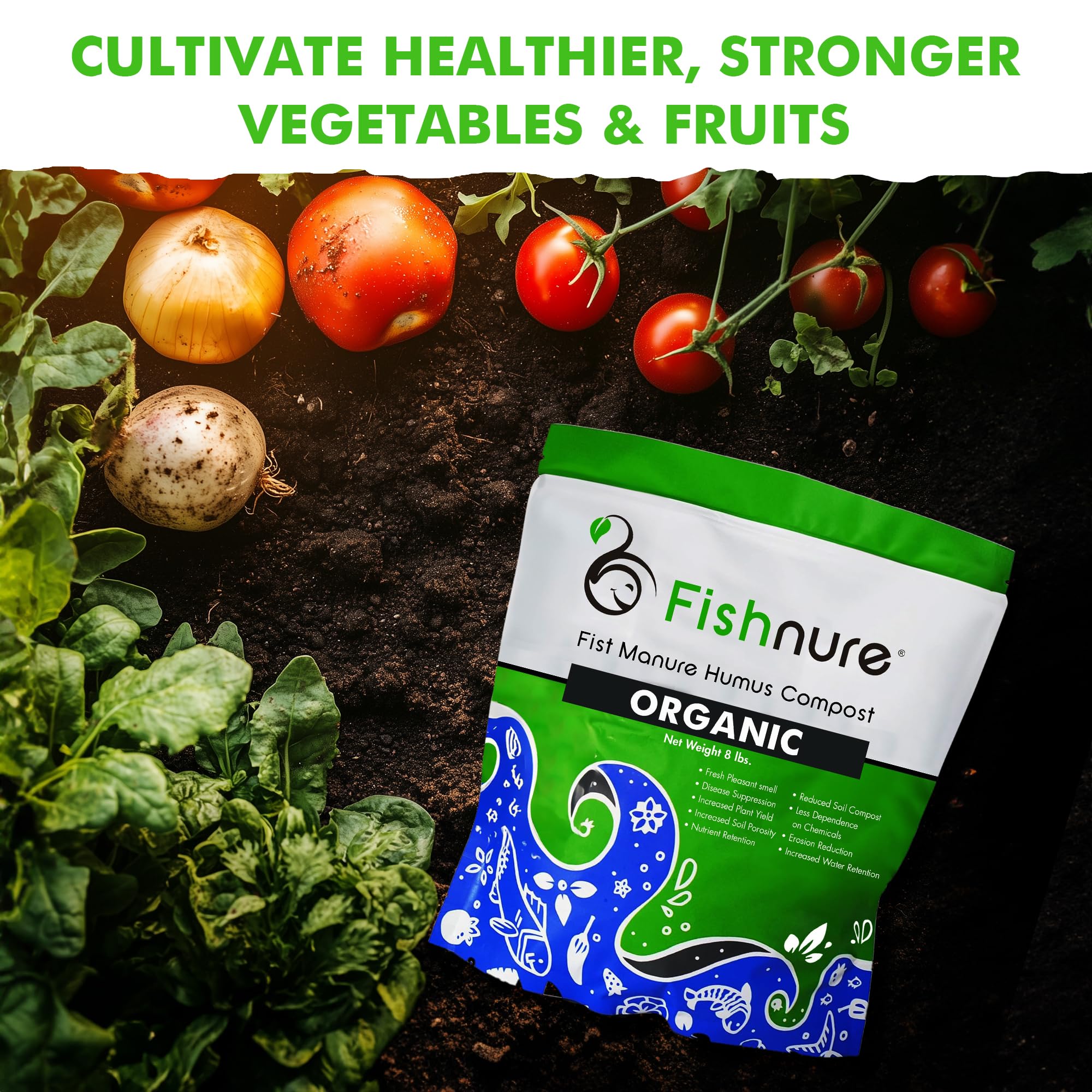 Fishnure label highlighting OMRI listing and fertilizer feature benefits