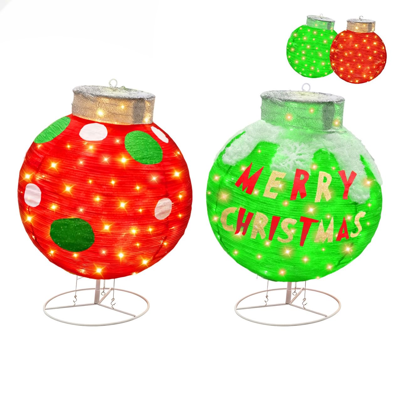 FISHOPE front view of red and green 30-inch ornament spheres showing size and color benefits