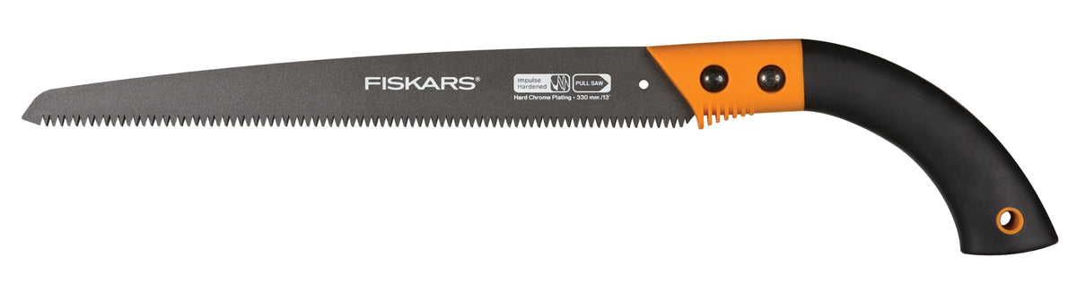 Fiskars 13" pruning saw front view showing blade and secure handle for efficient cutting