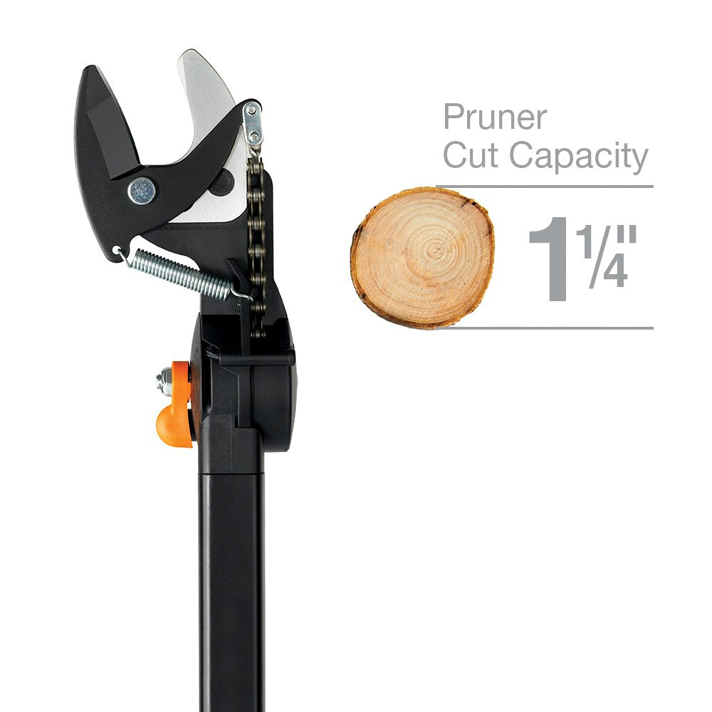 Fiskars actuating ball end shown for extended reach and tangle-free operation benefit