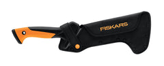 Fiskars blade close-up showing sharp, rust-resistant curve for faster pull-cuts