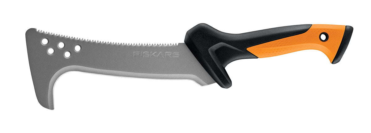 Fiskars billhook saw front view showing hooked blade and handle for efficient cutting