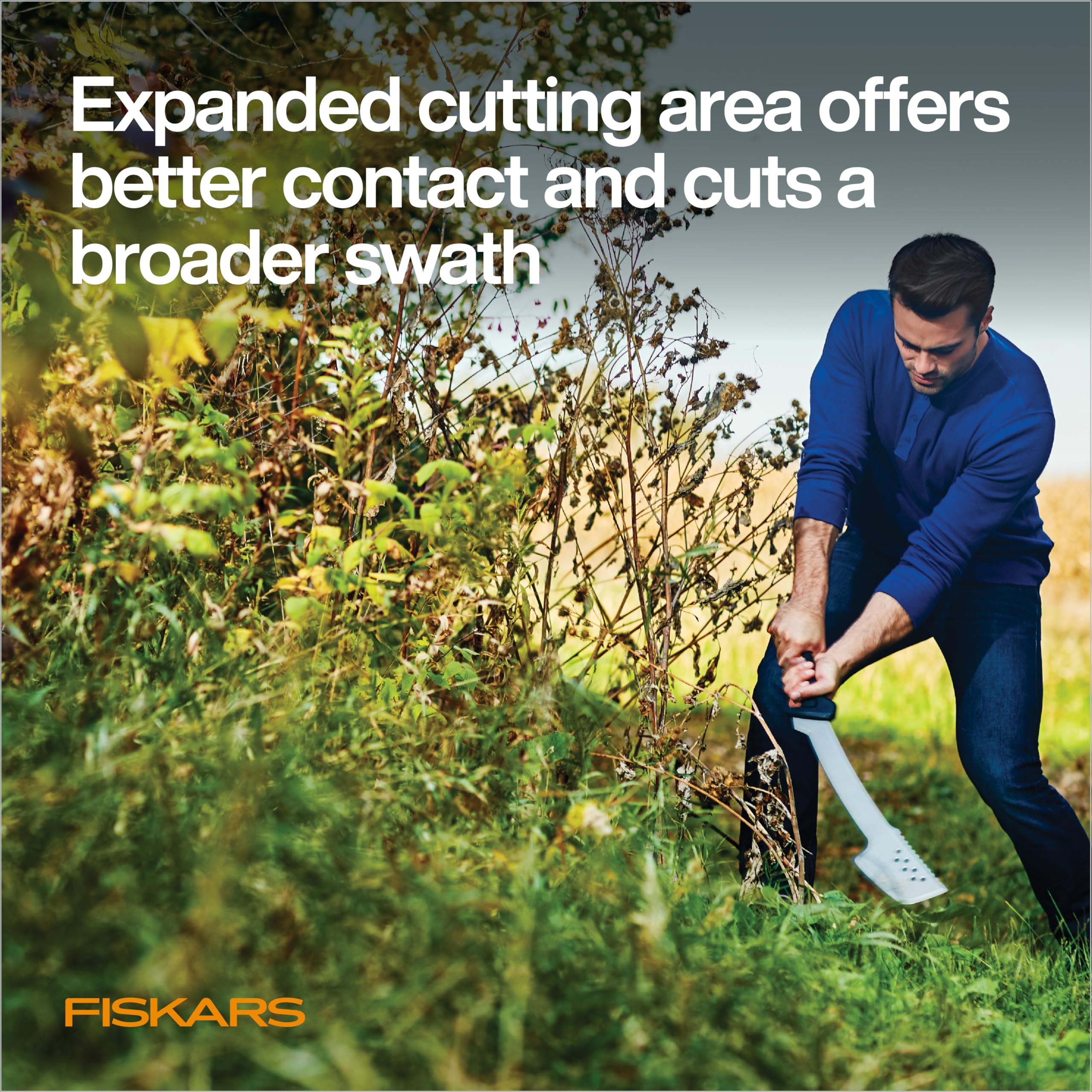 Fiskars blade close-up highlighting hardened steel edge and rust-resistant coating