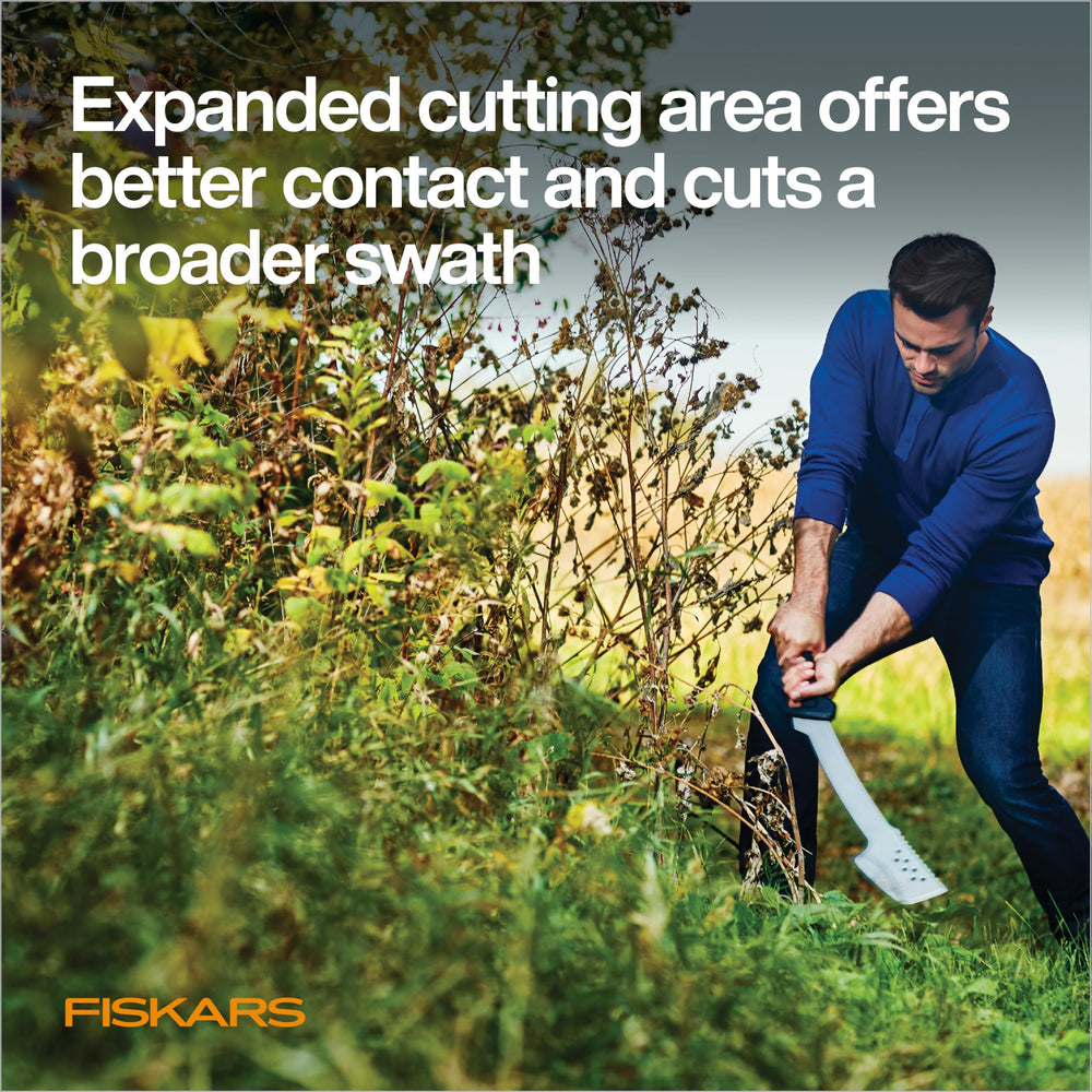 Fiskars blade close-up highlighting hardened steel edge and rust-resistant coating