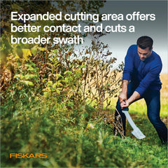Fiskars blade close-up highlighting hardened steel edge and rust-resistant coating
