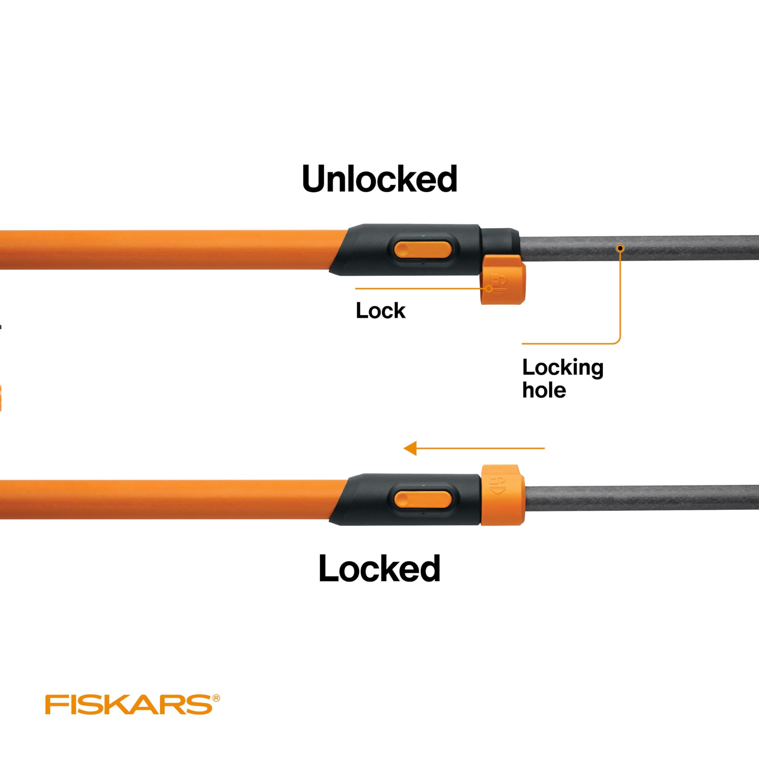 Fiskars detalle del cierre doble que asegura la pértiga durante corte