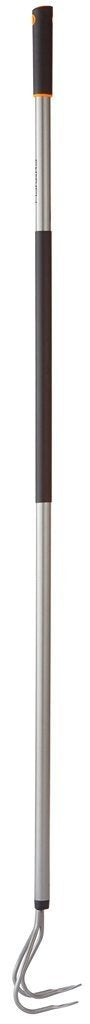 Fiskars cultivator hardened steel tines close-up demonstrating strong soil penetration