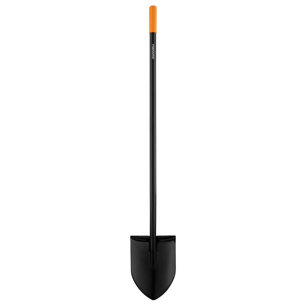 Fiskars front view of 57-inch digging shovel showing full tool benefit durability