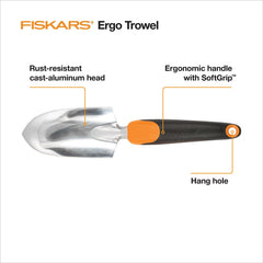 Close-up of Fiskars cast-aluminum head showing polished rust-resistant finish