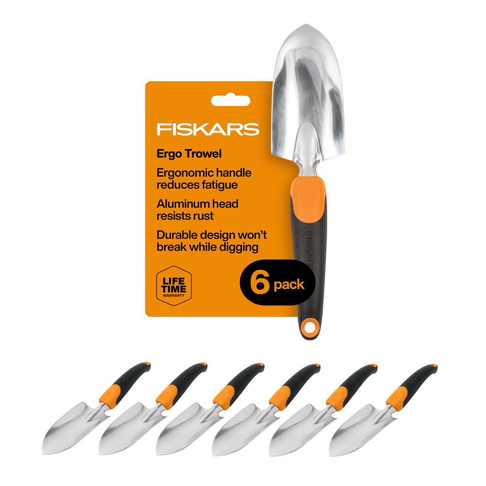 Fiskars ergo trowel front view showing packaging and durable design for reliable use