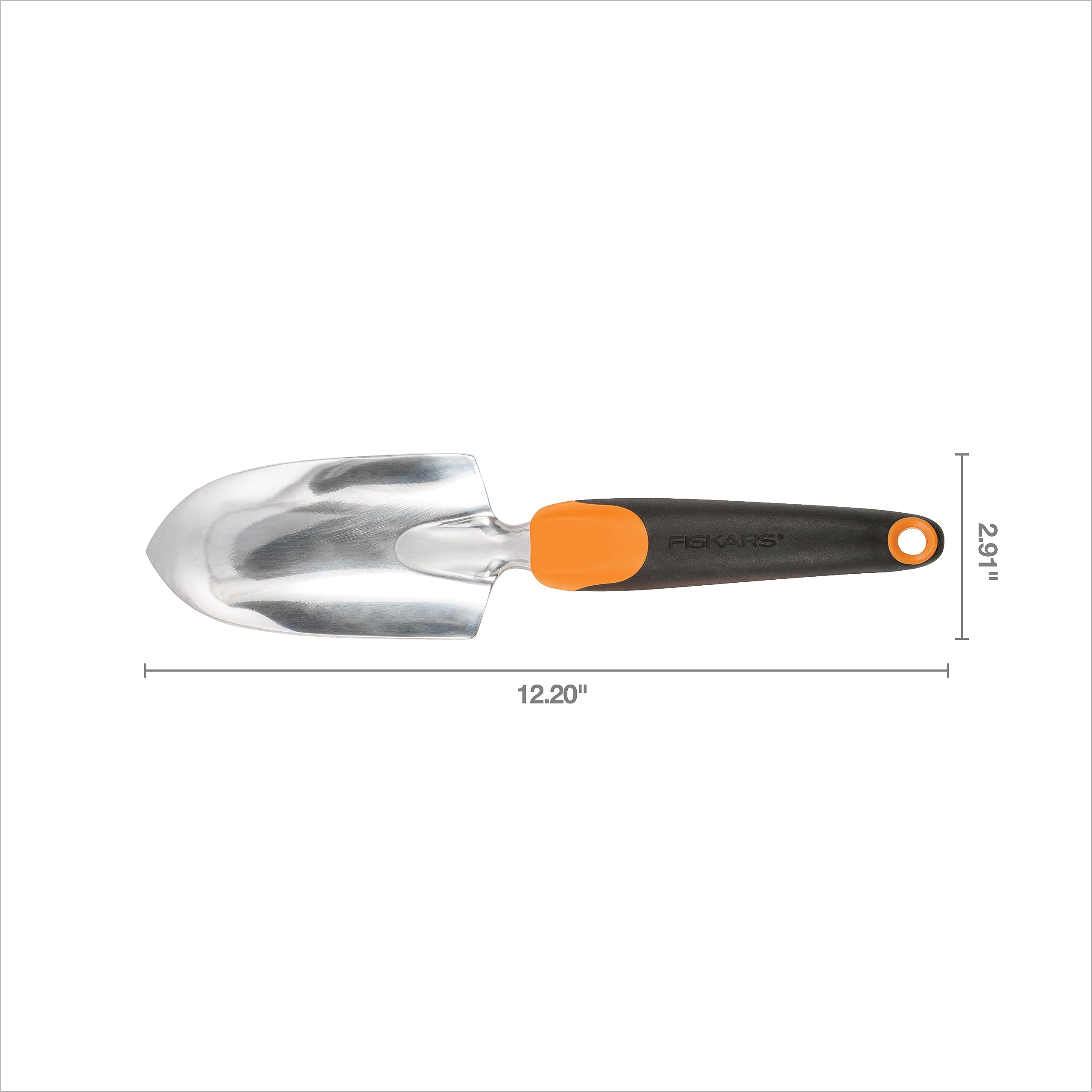 Fiskars trowel hung by handle hole for tidy storage and easy tool access