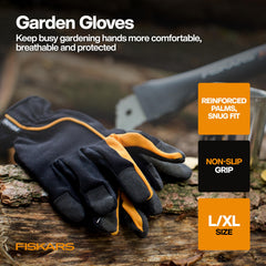 Fiskars FiberComp trowel and cultivator close-up showing rustproof durability benefit